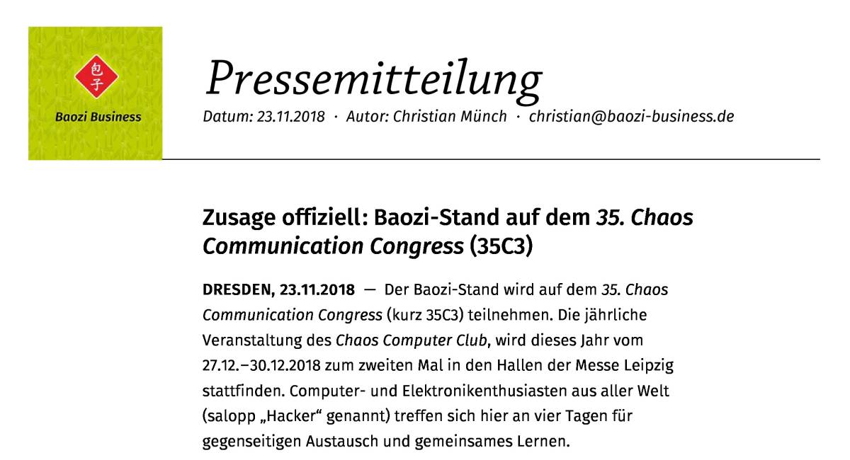 Vorschaubild für 
            
               Zusage offziell:  Baozi-Stand auf dem 35. Chaos Communication Congress (35C3)
            
         