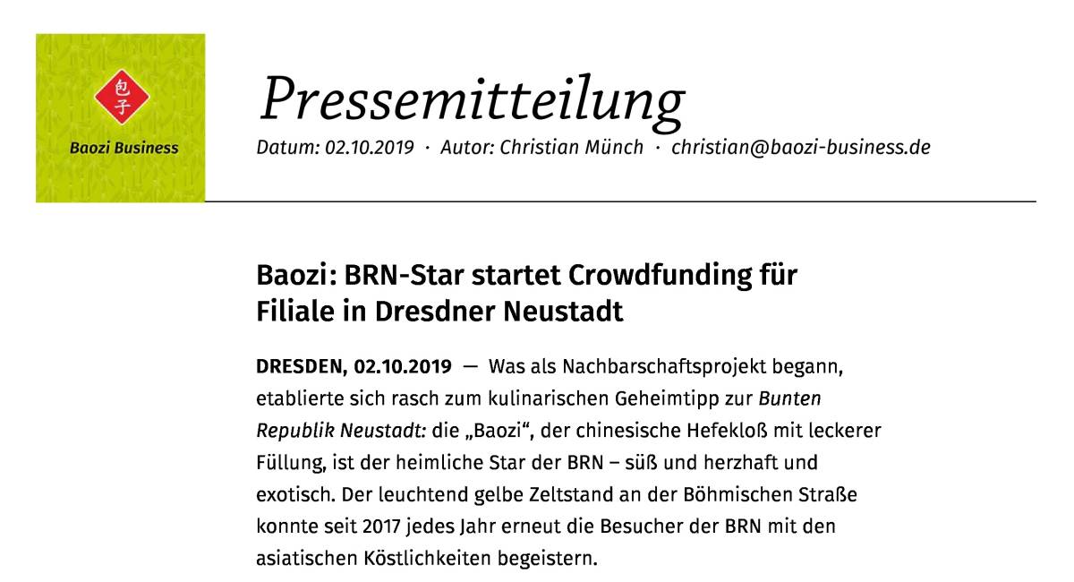 Vorschaubild für 
            
               Baozi: BRN-Star startet Crowdfunding für Filiale in Dresdner Neustadt
            
         