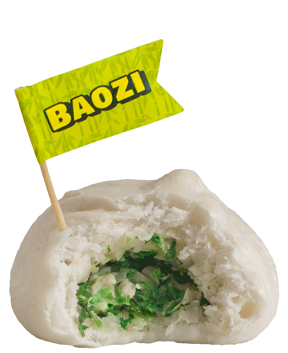 Großansicht einer angebissenen Baozi mit Hirtentäschelkraut-Füllung