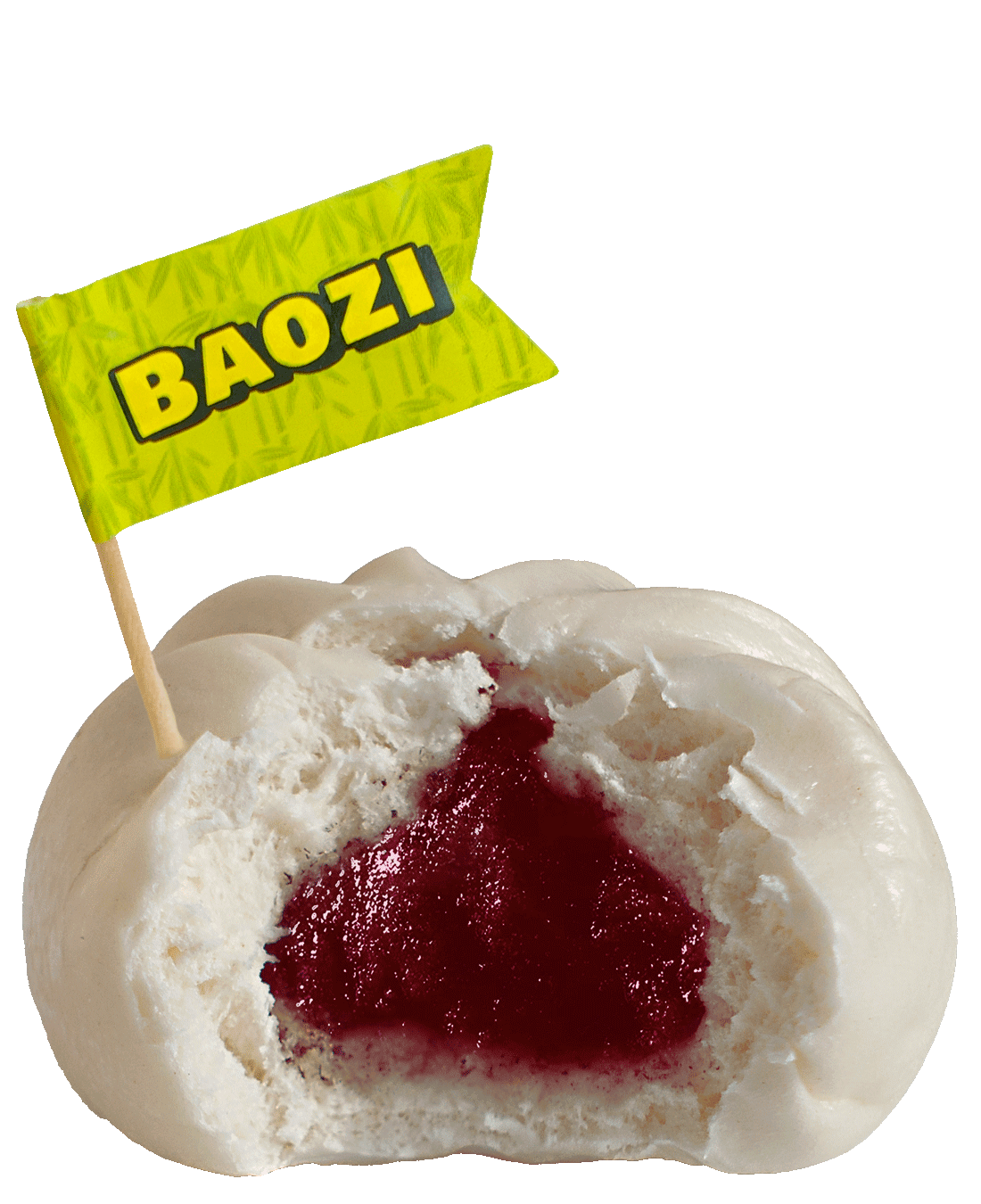 Großansicht einer angebissenen Baozi mit Süße-Bohne-Füllung