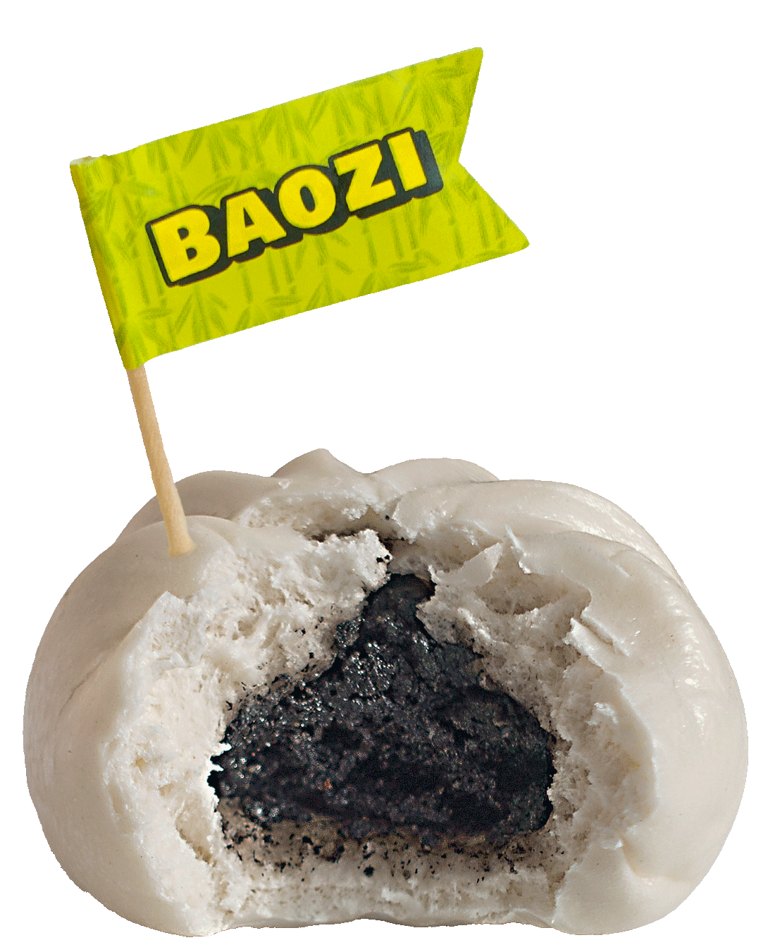 Großansicht einer angebissenen Baozi mit Süßer-Sesam-Füllung